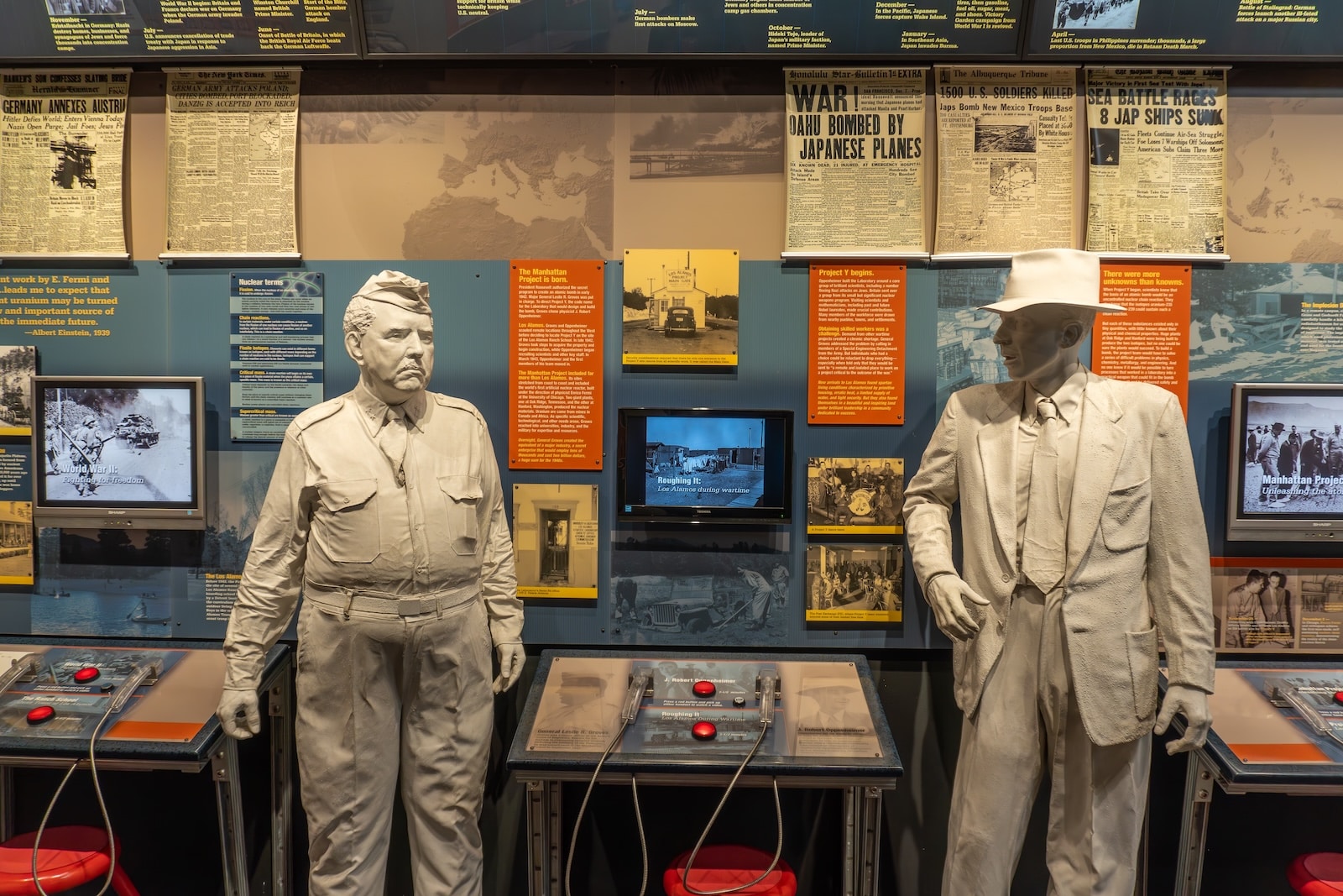 At the Bradbury Science Museum, you'll find exhibits like this one, featuring a life size civilian and military man in front of a wall of facts. 